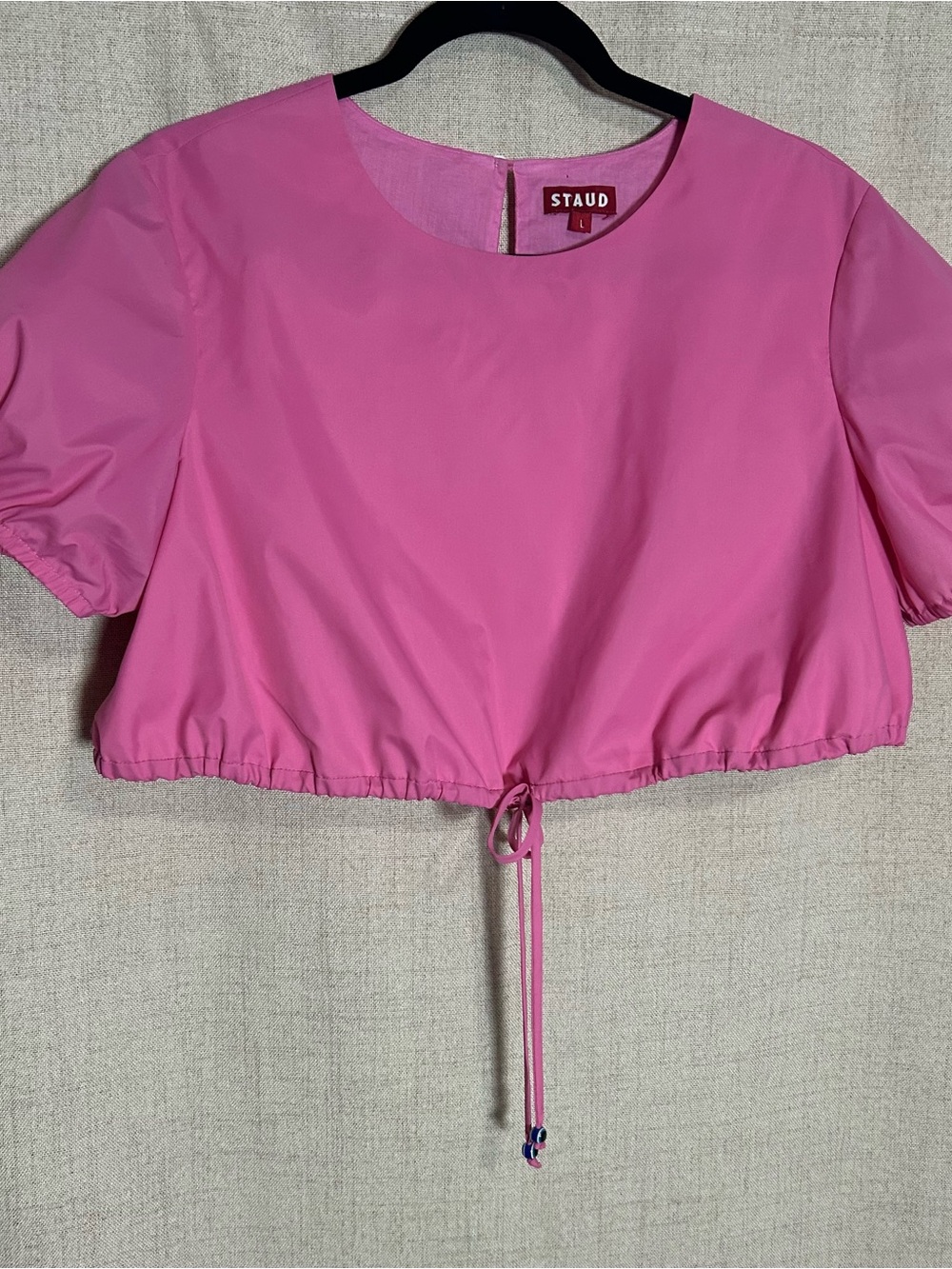STAUD Bubblegum Pink Short-Sleeve Drawstring Crop Top…